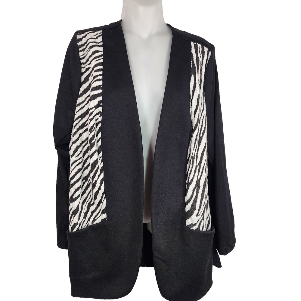 Notations Women's Cardigan Open Front Zebra Animal Front Pockets Size 1X Knit